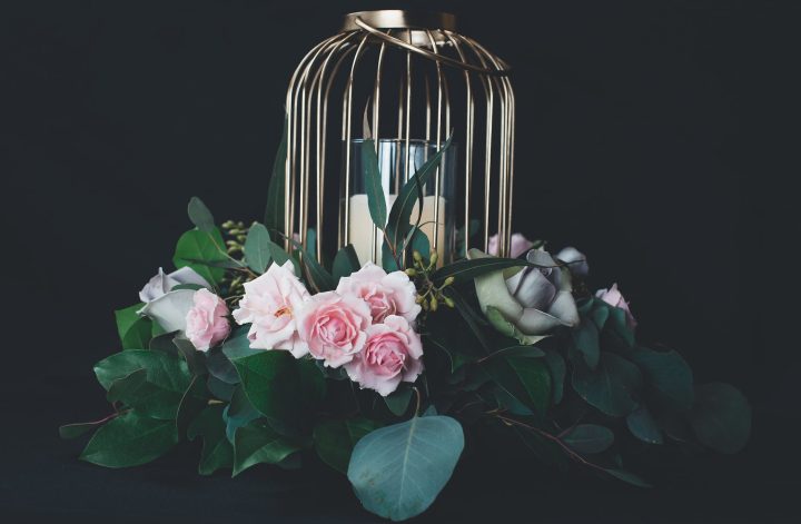 silver bird cage designed tealight holder with pink roses